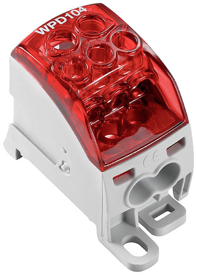 Rot-transparenter elektrischer Steckverbinder auf grauem Kunststoffgehäuse, markiert mit 'WPD104', zur Stromverteilung.