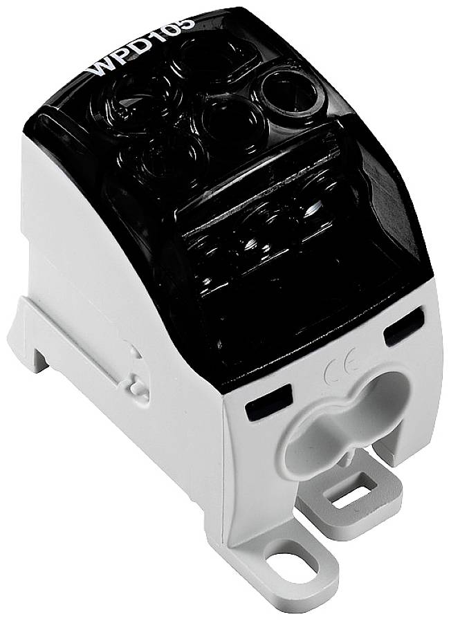 Ein schwarzes und weißes elektrisches Anschlussgehäuse, Modell WPD105, mit mehreren Anschlusslöchern und Montagehalterung.