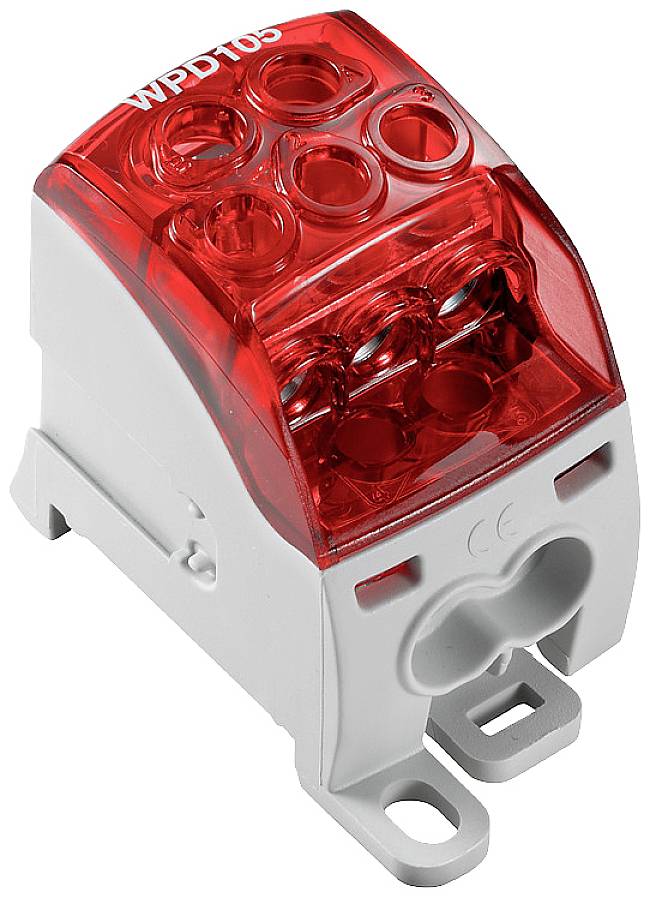 Ein weiß-roter elektrischer Steckverbinder mit mehreren Eingangsanschlüssen, geeignet für die Sicherung von Kabelverbindungen in Installationen.