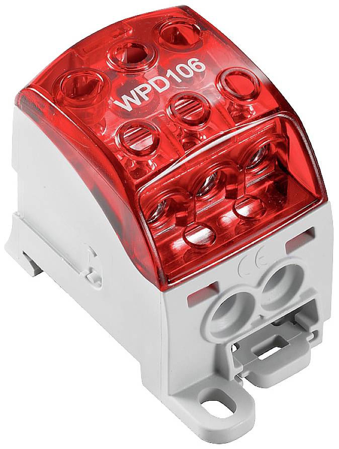 Elektrischer Verteilerblock mit roter Abdeckung, Beschriftung 'WPD106' auf der Abdeckung sichtbar. Geeignet für elektrische Verkabelungen.
