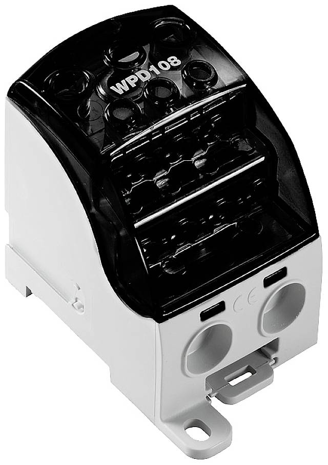 Ein elektrischer Verteilerblock mit schwarzem Gehäuse und weißen Anschlüssen, gekennzeichnet mit 'WPD108'.