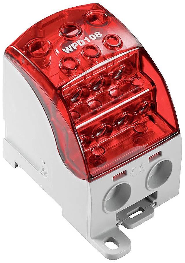 Ein rotes, transparentes elektrisches Klemmengehäuse mit der Aufschrift 'WPD108' auf der Oberseite. Es hat mehrere Anschlussöffnungen.