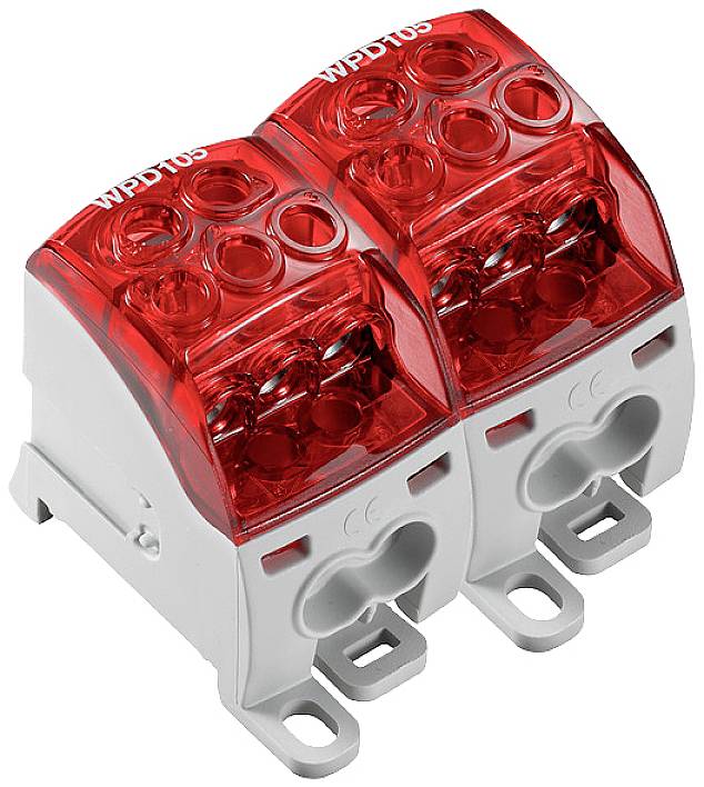 Zwei rote elektrische Verteilerschraubklemmen mit der Aufschrift 'WPD105'. Sie sind verbunden und haben mehrere Anschlussöffnungen.