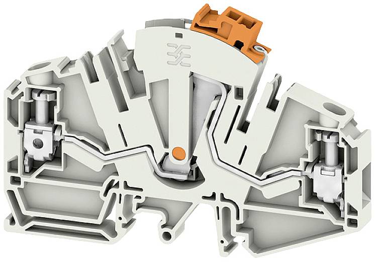Ein grauer, symmetrischer Klemmblock mit orangenem Hebel in der Mitte; dient zur elektrischen Verbindung von Drähten in Schaltschränken.