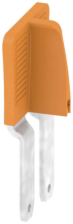 Ein orangefarbener Kunststoffschutz mit zwei weißen Metallstiften unten, wahrscheinlich ein Sicherheitszubehör für elektrische Geräte.