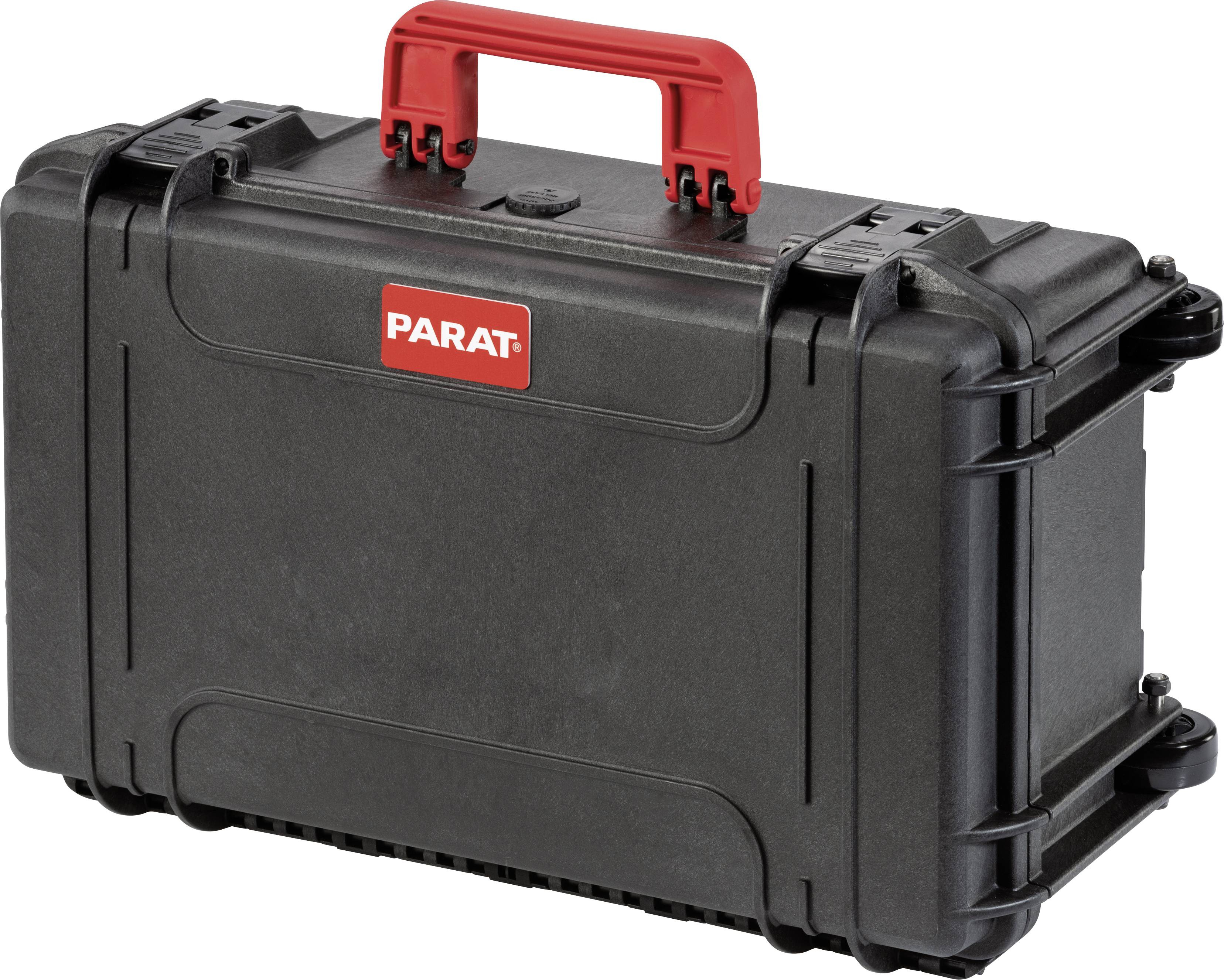 Ein schwarzer, stabiler Transportkoffer mit rotem Griff und rotem 'PARAT' Logo auf der Vorderseite.