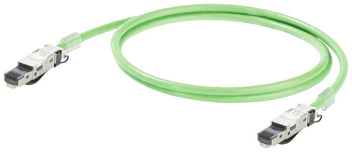 Ein grünes Netzwerkkabel mit zwei RJ45-Steckern, geeignet für schnelle Datenverbindungen in Computernetzwerken.