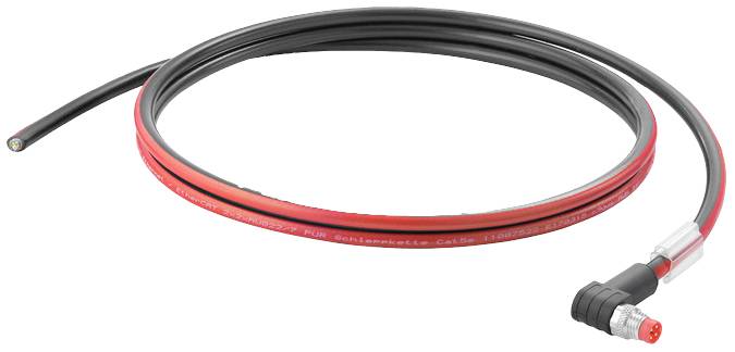 Ein schwarzes und rotes Kabel mit einem rechteckigen Anschluss am Ende, möglicherweise für elektrische oder technische Anwendungen.