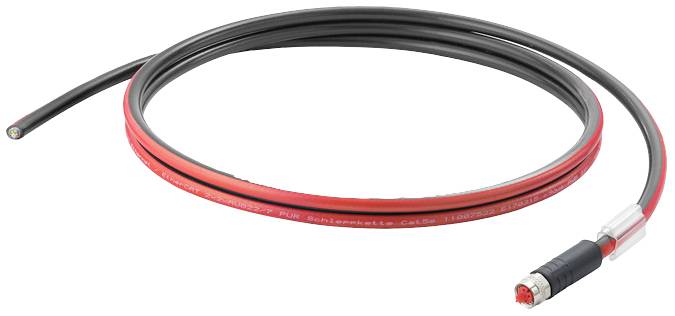 Ein rotes und schwarzes Koaxialkabel mit einem Metallstecker am Ende, möglicherweise für Daten- oder Energieübertragung geeignet.