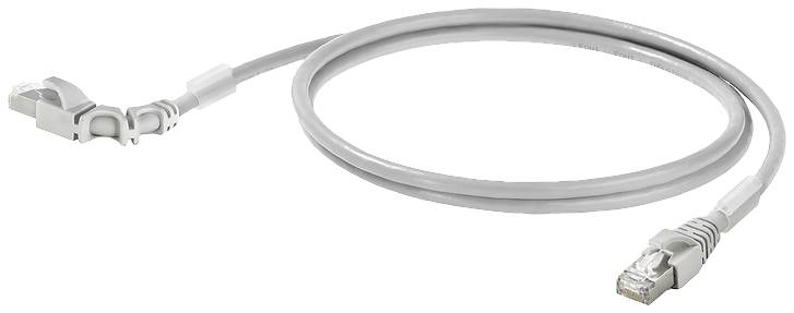 Ein graues Ethernet-Kabel mit Steckern an beiden Enden zum Verbinden von Netzwerkgeräten, beige Hintergrund.