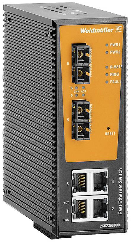 Ein industrieller Fast Ethernet Switch von Weidmüller mit mehreren Netzwerk- und Stromanschlüssen, sowie Statusanzeigen auf der Vorderseite.
