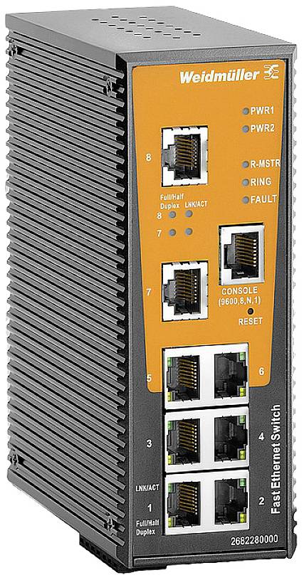 Industrie-Ethernet-Switch von Weidmüller mit mehreren Ethernet-Ports und LEDs zur Netzwerkstatusanzeige. Geeignet für industrielle Anwendungen.