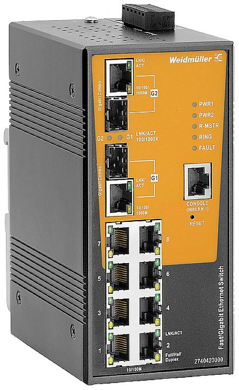 Industrieller Ethernet-Switch mit mehreren Ethernet-Ports, LED-Anzeigen für Power, Link und Fehler, sowie Konsolenanschluss.