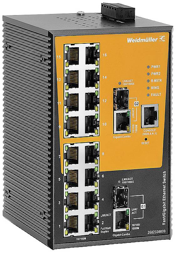 Ein industrieller Ethernet-Switch mit mehreren Ports und Kontrollleuchten für Netzwerküberwachung und -verwaltung. Markierung 'Weidmüller'.