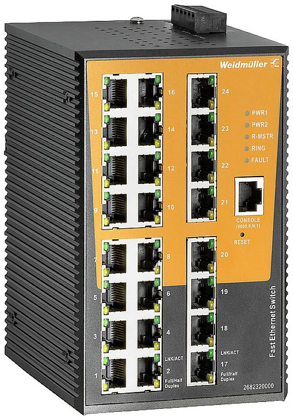 Industrieller Ethernet-Switch mit 24 Ports, LED-Anzeigen für Strom- und Netzwerkstatus, konsolenanschluss und Reset-Taste. Modell Weidmüller mit robustem Design.