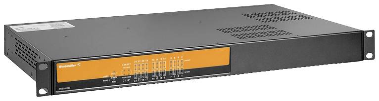 Ein schwarzes, rechteckiges elektronisches Gerät mit orangefarbenem Bedienfeld, mehreren Anschlüssen und Lüftungsschlitzen.