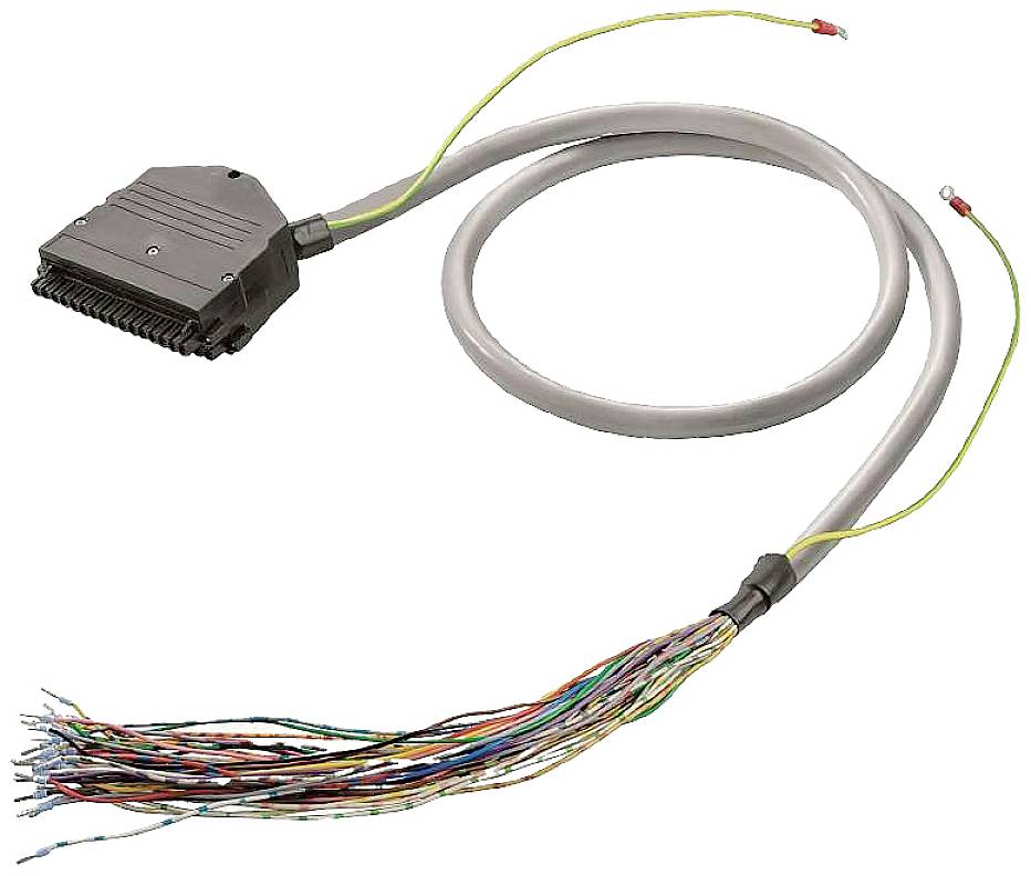 Ein graues Kabel mit einem Adapter an einem Ende und zahlreichen farbigen Drähten am anderen Ende, die für technische Anwendungen genutzt werden.