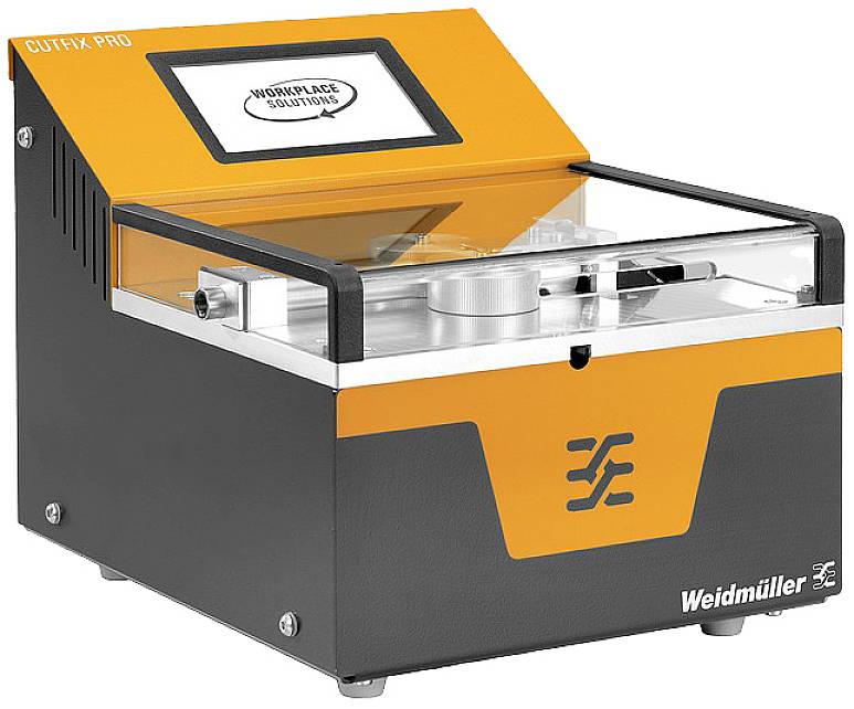Schneidmaschine 'Cutfix Pro' von Weidmüller in Schwarz und Orange, mit transparentem Abdeckung und Display, für die Kabelverarbeitung.