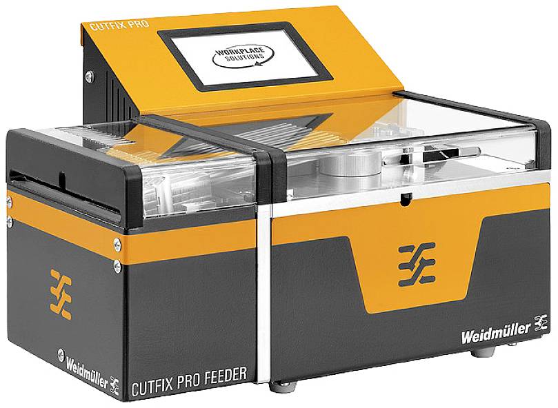 Eine orange-schwarze Weidmüller Maschine namens 'Cutfix Pro'. Sie dient zum präzisen Schneiden von Kabeln, sichtbar mit einem Display oben.
