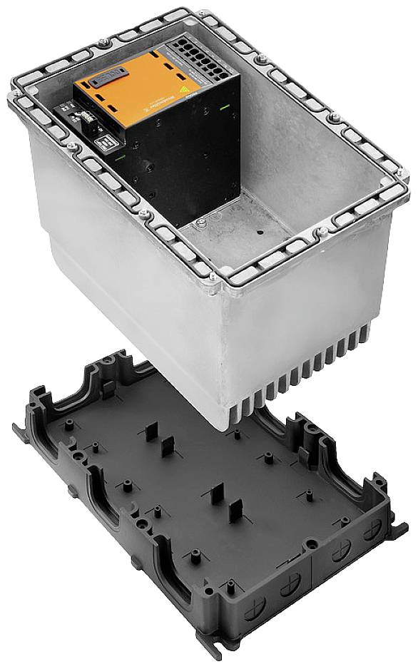 Ein elektrisches Gerät in einem offenen Metallgehäuse, darunter ein abnehmbares schwarzes Kunststoffgehäuse.