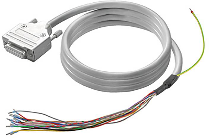 Ein graues Kabel mit einem D-Sub-Stecker auf einer Seite und offenen, farblich sortierten Adern auf der anderen Seite.