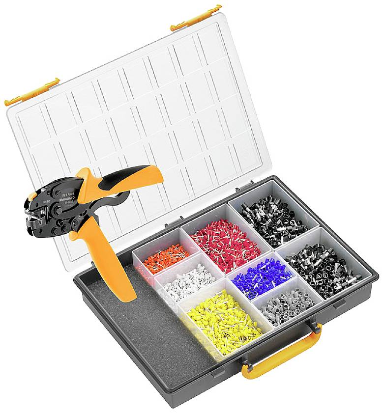 Crimpzange mit orange-schwarzem Griff und sortierten Metallhülsen in einem offenen Organizer-Box mit Fächern in verschiedenen Farben.