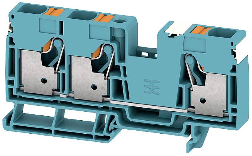 Ein türkisfarbener elektrischer Leitungsklemmenblock mit Metallteilen, der für die Verbindung und Sicherung von Drähten eingesetzt wird.