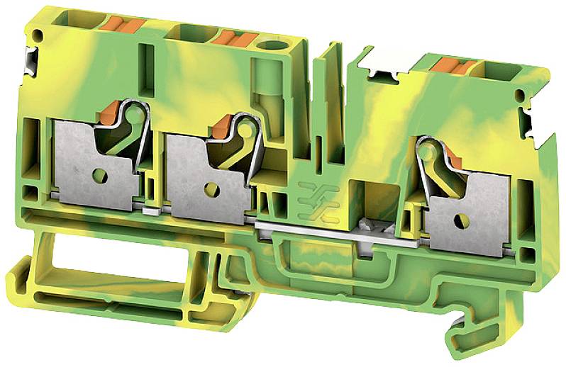 Klemmsystem in Gelb-Grün mit drei Anschlüssen und Sicht auf die interne Mechanik, zur Verbindung elektrischer Leitungen.