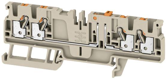 Ein hellbrauner elektrischer Reihenklemmenblock mit mehreren Anschlussklemmen und Hebelmechanismen, verwendet für Verkabelungszwecke.