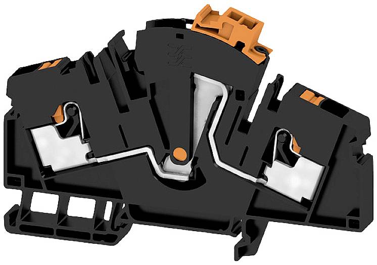 Schwarze und orange elektrische Klemme mit metallischen Kontakten, dient zur Verbindung von Kabeln in elektrischen Schaltanlagen.