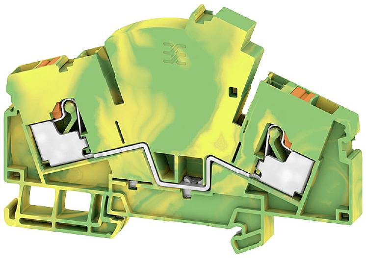 Grüne und gelbe Klemmschelle mit Metallkontakten, für elektrische Verbindungen verwendet.