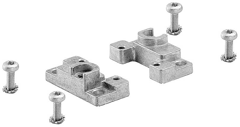 Zwei metallene Halterungen und sechs Schrauben auf weißem Hintergrund. Die Halterungen sind für die Befestigung an einer Oberfläche vorgesehen.