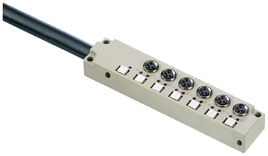 Ein elektrischer Verteilerblock mit mehreren Anschlüssen und Kabeln, der für die Verbindung von Geräten verwendet wird.