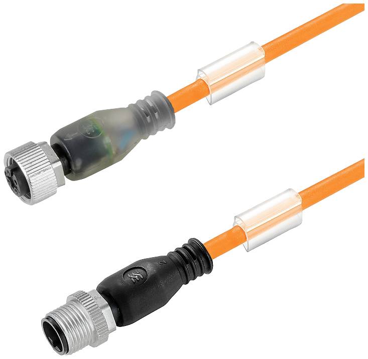 Ein orangefarbenes Verbindungskabel mit zwei unterschiedlichen Steckern an den Enden, einer grau und der andere schwarz.