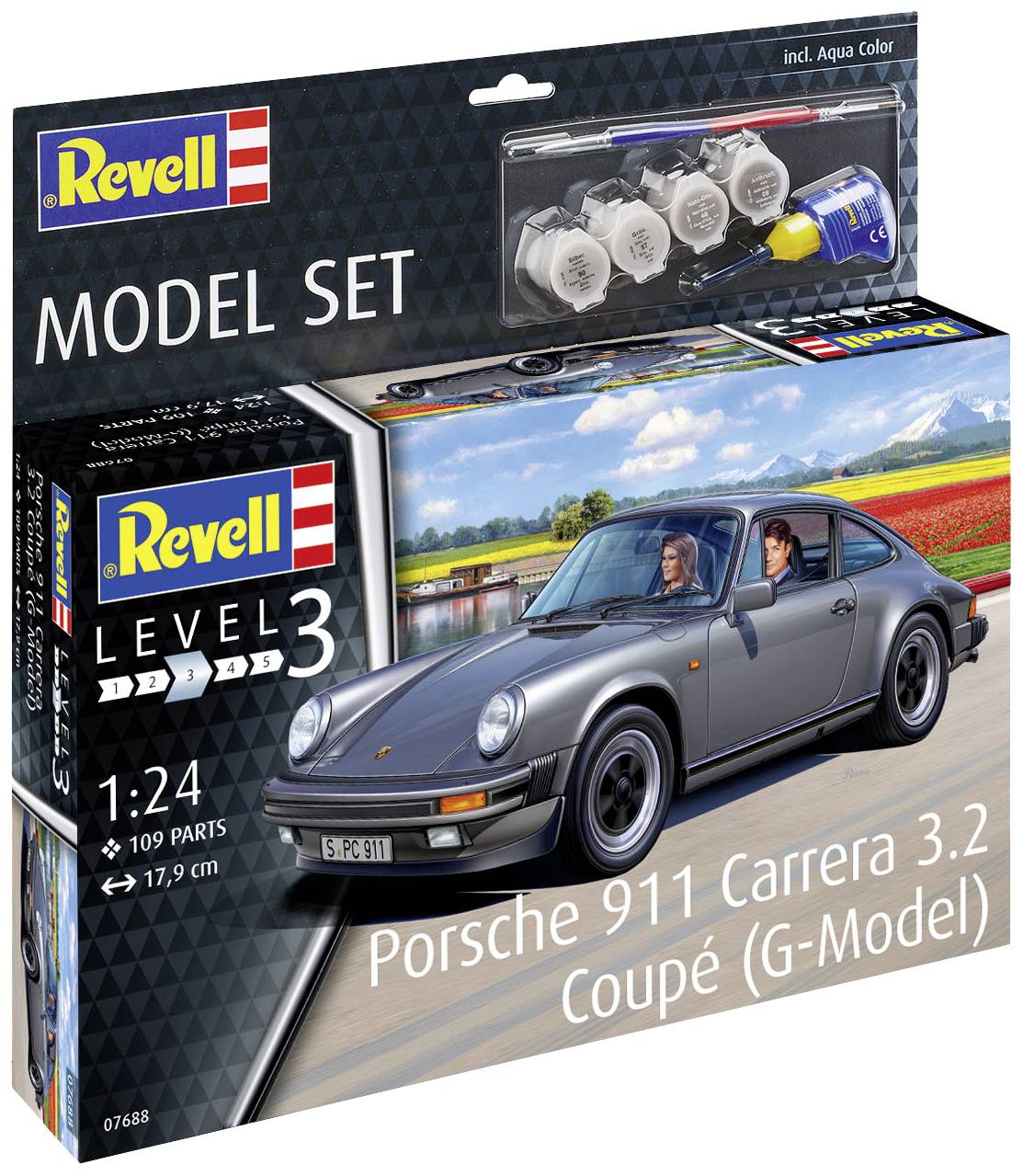 Modellbausatz von Revell: Porsche 911 Carrera 3.2 Coupé im Maßstab 1:24. Enthalten sind 109 Teile, Farben und Kleber.