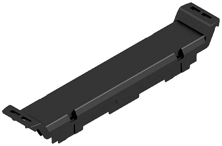 Schwarze Kunststoffabdeckung mit seitlichen Befestigungsclips, wahrscheinlich Teil eines elektronischen Geräts oder Gehäuses.