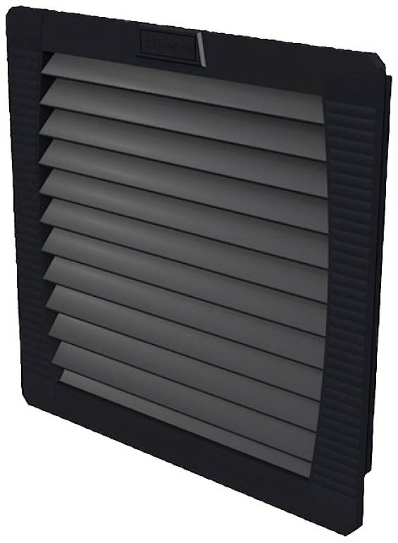 Schwarzes Lüftungsgitter mit horizontalen Lamellen, geeignet für die Kühlung oder Belüftung in technischen oder industriellen Anwendungen.