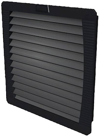 Ein rechteckiges Ventilationsgitter mit horizontalen Lamellen zur Luftzirkulation, in schwarzer Farbe.