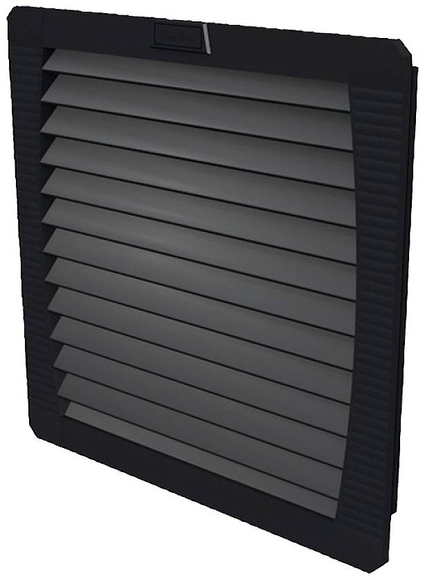 Graues Lüftungsgitter mit horizontalen Lamellen, leicht geneigt für Luftzirkulation. Eignet sich für moderne Gebäudebelüftungssysteme.