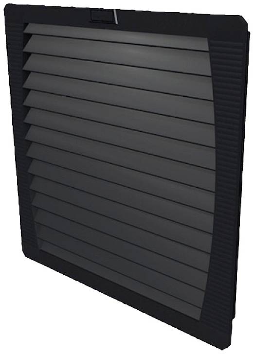 Schwarzes rechteckiges Lüftungsgitter mit horizontalen Lamellen.