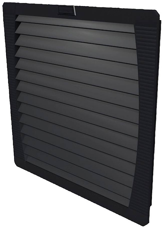 Ein schwarzer, rechteckiger Lüftungsfilter mit horizontalen Lamellen; für den Einsatz in Heizung- und Klimasystemen.