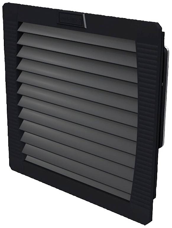 Ein schwarzes Lüftungsgitter mit horizontalen Lamellen, das in einem elektronischen Gerät oder an einer Wand zur Belüftung dient.