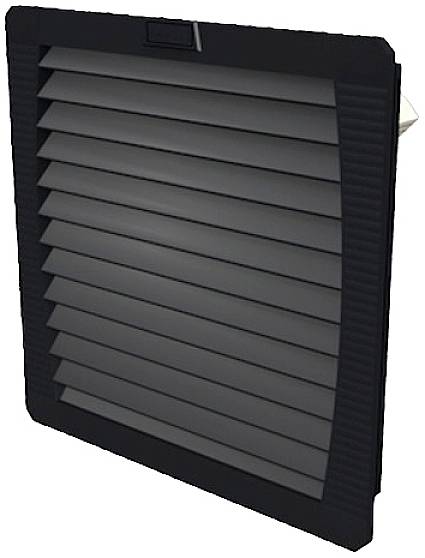 Schwarze Lüfterabdeckung mit horizontalen Lamellen, die Luftstrom ermöglichen.