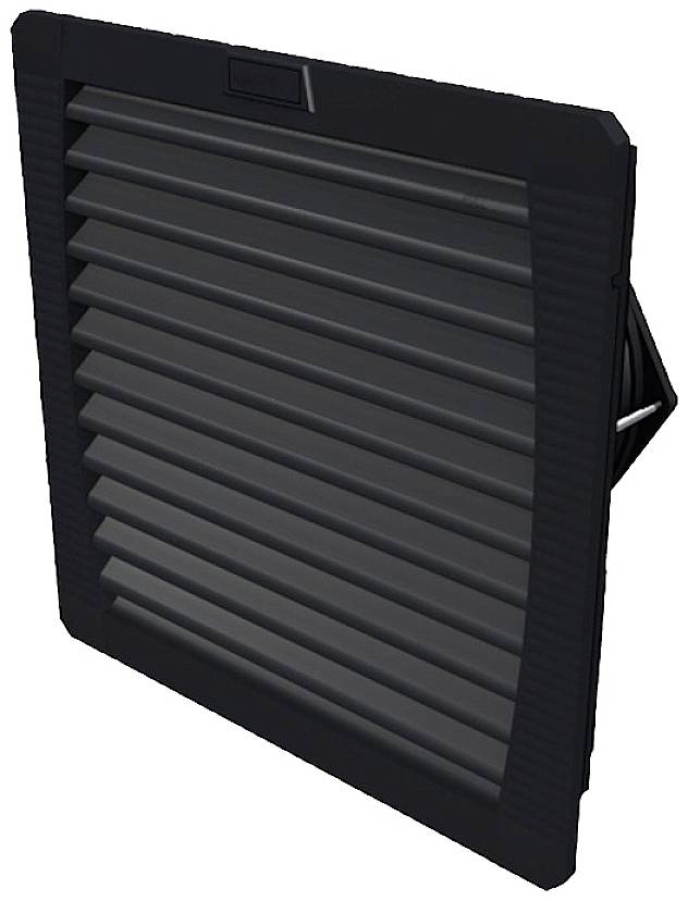 Ein schwarzes, geripptes Belüftungsgitter in rechteckiger Form, möglicherweise Teil eines elektronischen Gerätegehäuses oder Lüftungssystems.