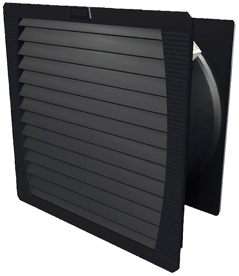 Ein schwarzes Lüftungsgitter mit Lamellen, das zur Belüftung in Wand- oder Deckenkonstruktionen eingebaut werden kann.