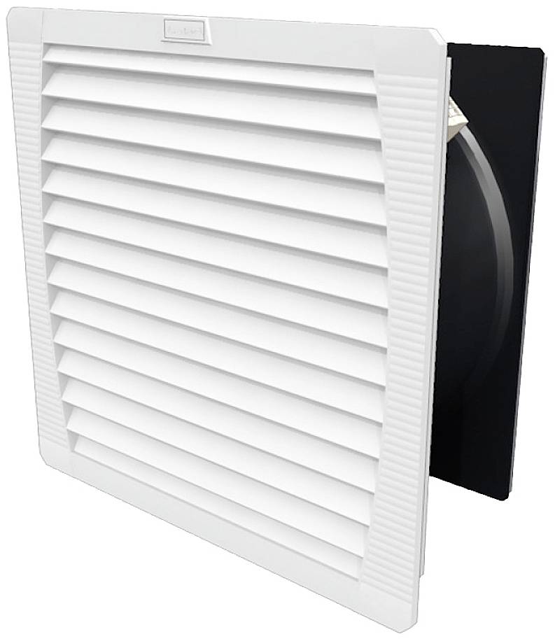 Die Abbildung zeigt einen weißen Lüftungsgitter, geöffnet, mit horizontalen Lamellen und einem dahinterliegenden schwarzen Ventilatorelement.