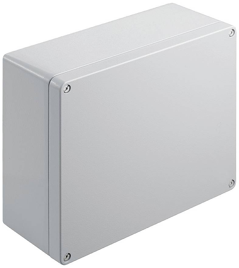 Graues rechteckiges Gehäuse mit Schrauben an den Ecken, geeignet für elektrische Installationen oder als Schutzgehäuse.