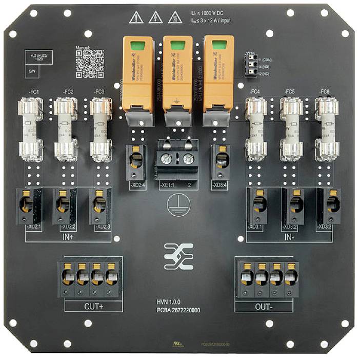 Elektronische Schaltung mit verschiedenen Sicherungen, Anschlüssen und einem zentralen Kontrollbereich. Geeignet für 1000 V DC Systeme.