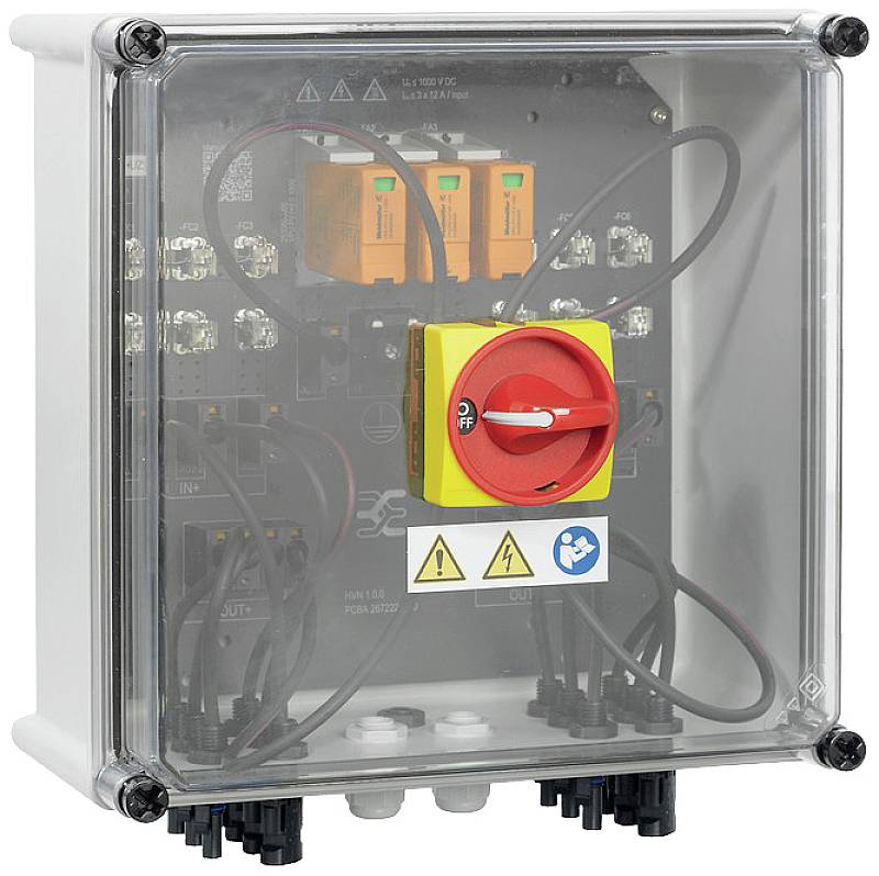 Schaltkasten mit transparentem Gehäuse zeigt Kabel und elektrisch isoliertem Not-Aus-Schalter in der Mitte.