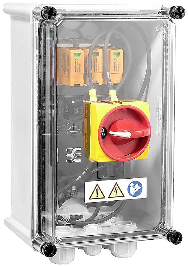 Transparenter Sicherungskasten mit rotem Drehschalter, elektrischen Komponenten und Warnaufklebern auf der Vorderseite.